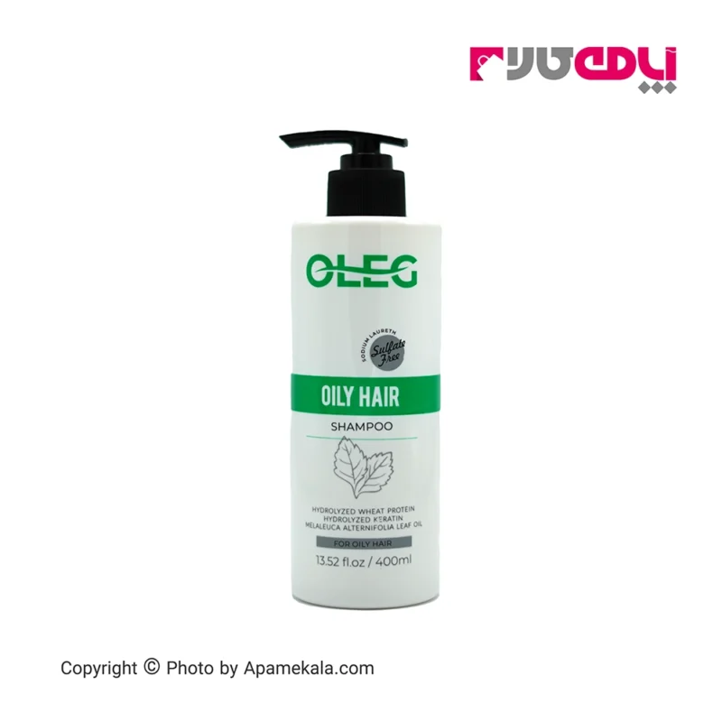 شامپو اولگ OLEG مناسب مو چرب، حاوی کراتین، گندم هیدرولیز شده و روغن برگ melaleuca alternifolia است که به کنترل چربی و تقویت ساختار موها کمک می‌کند.
